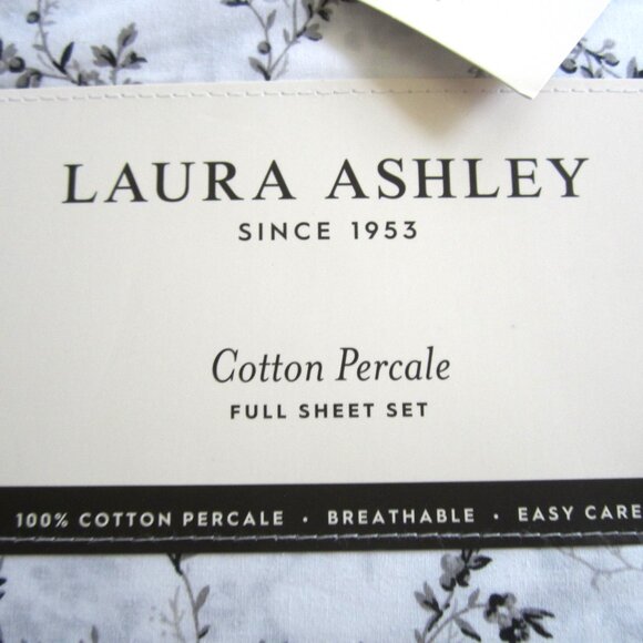 Laura Ashley Cotton Percale Black Grey Floral Flowers Full Sheet Set - Picture 3 of 7